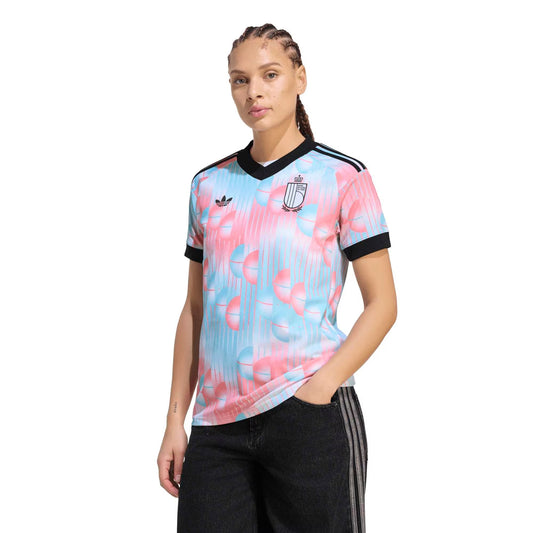 model wearing a belgium 2026 away jersey