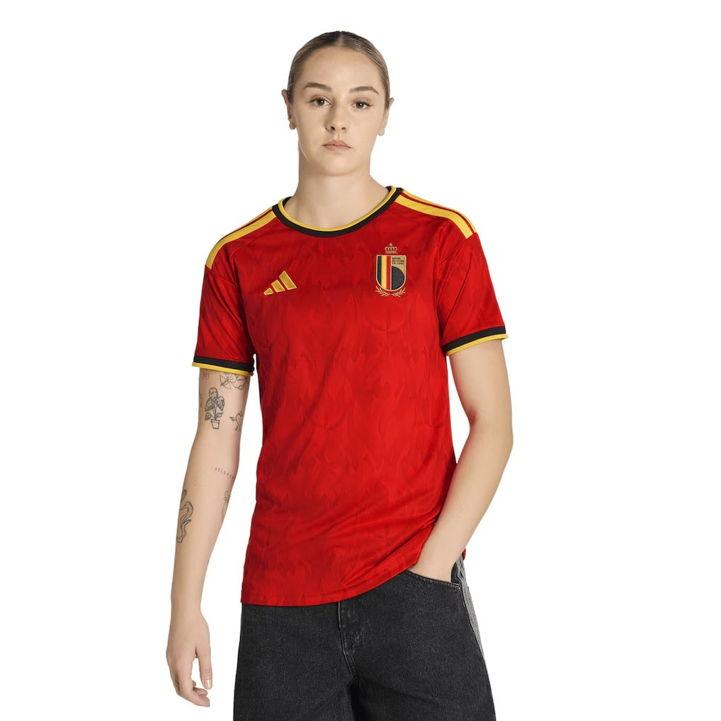 model wearing a belgium 2026 home red jersey