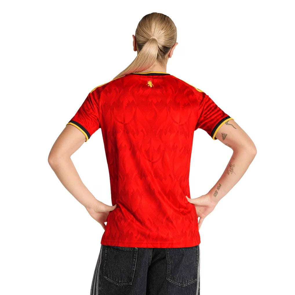 model wearing a belgium 2026 home red jersey back view
