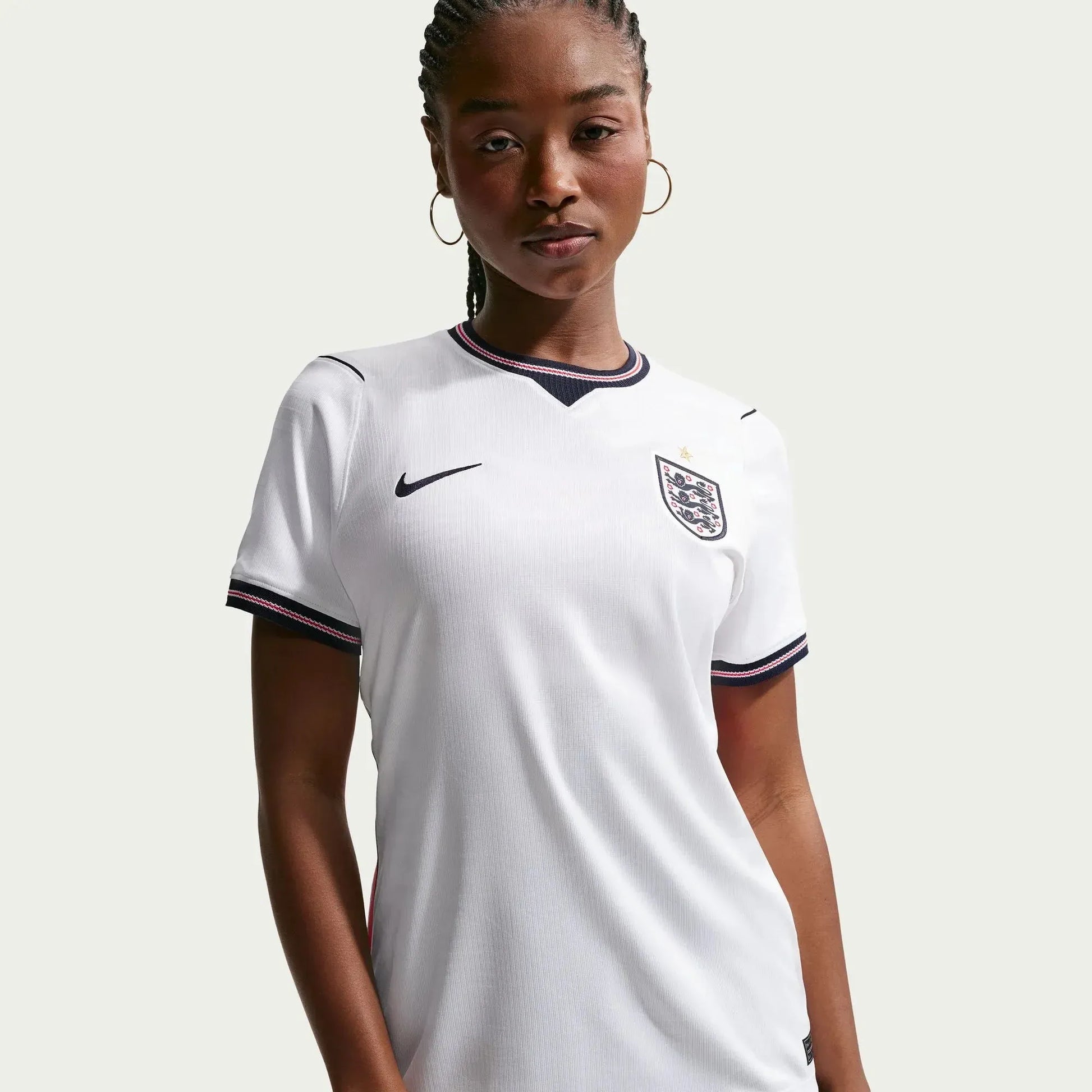 model wearing an 2026 England Women's Stadium Home Soccer Jersey