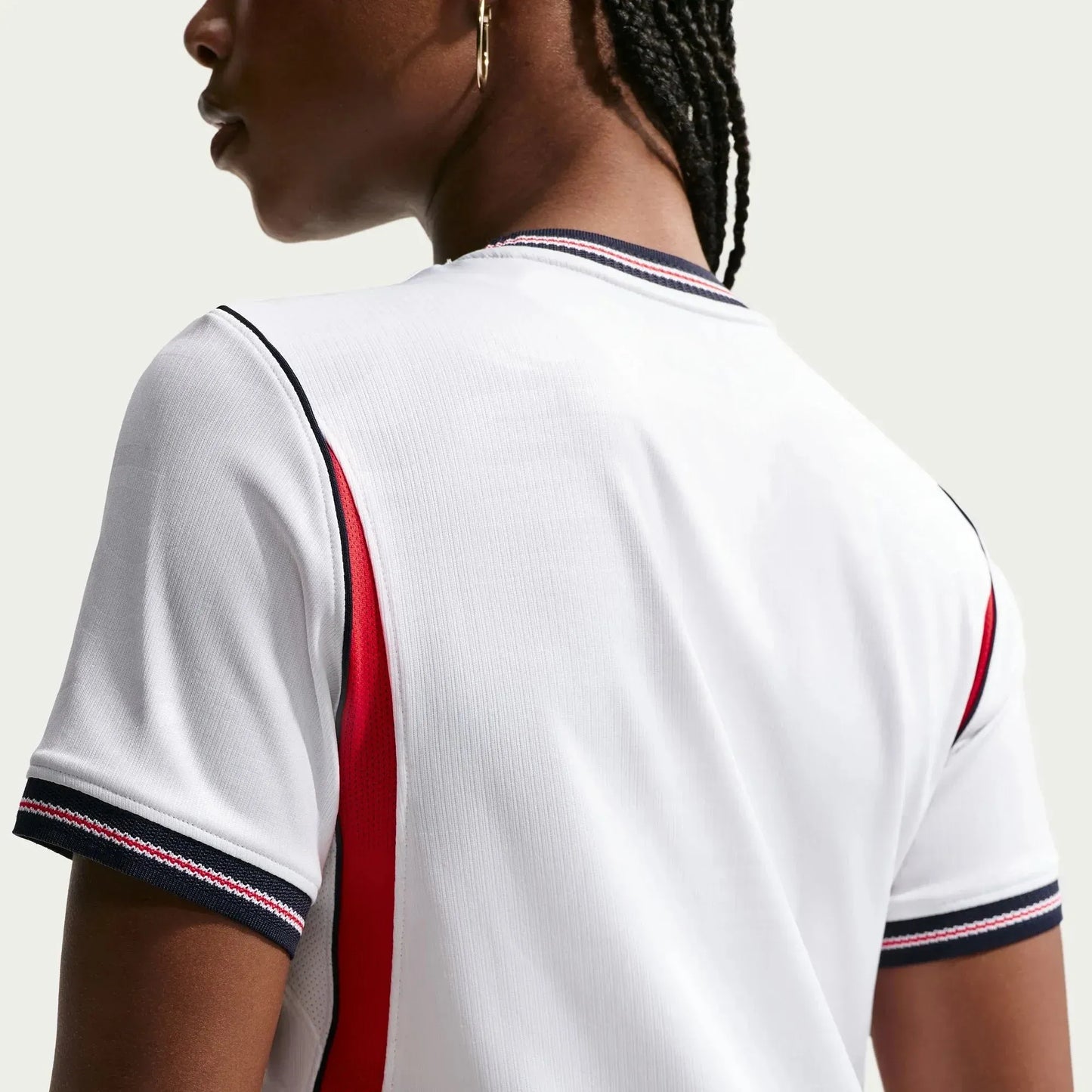 model wearing an 2026 England Women's Stadium Home Soccer Jersey back view