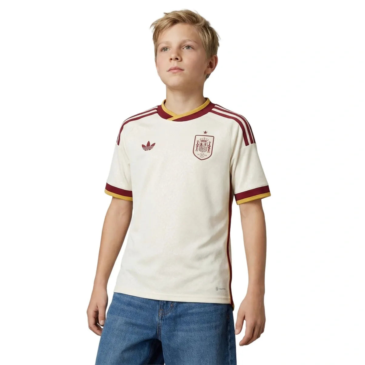Boy Wearing A Spain 2026 World Cup Away Kids Stadium Replica Jersey 