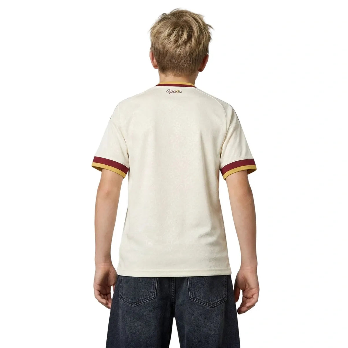 Boy Wearing A Spain 2026 World Cup Away Kids Stadium Replica Jersey  back view