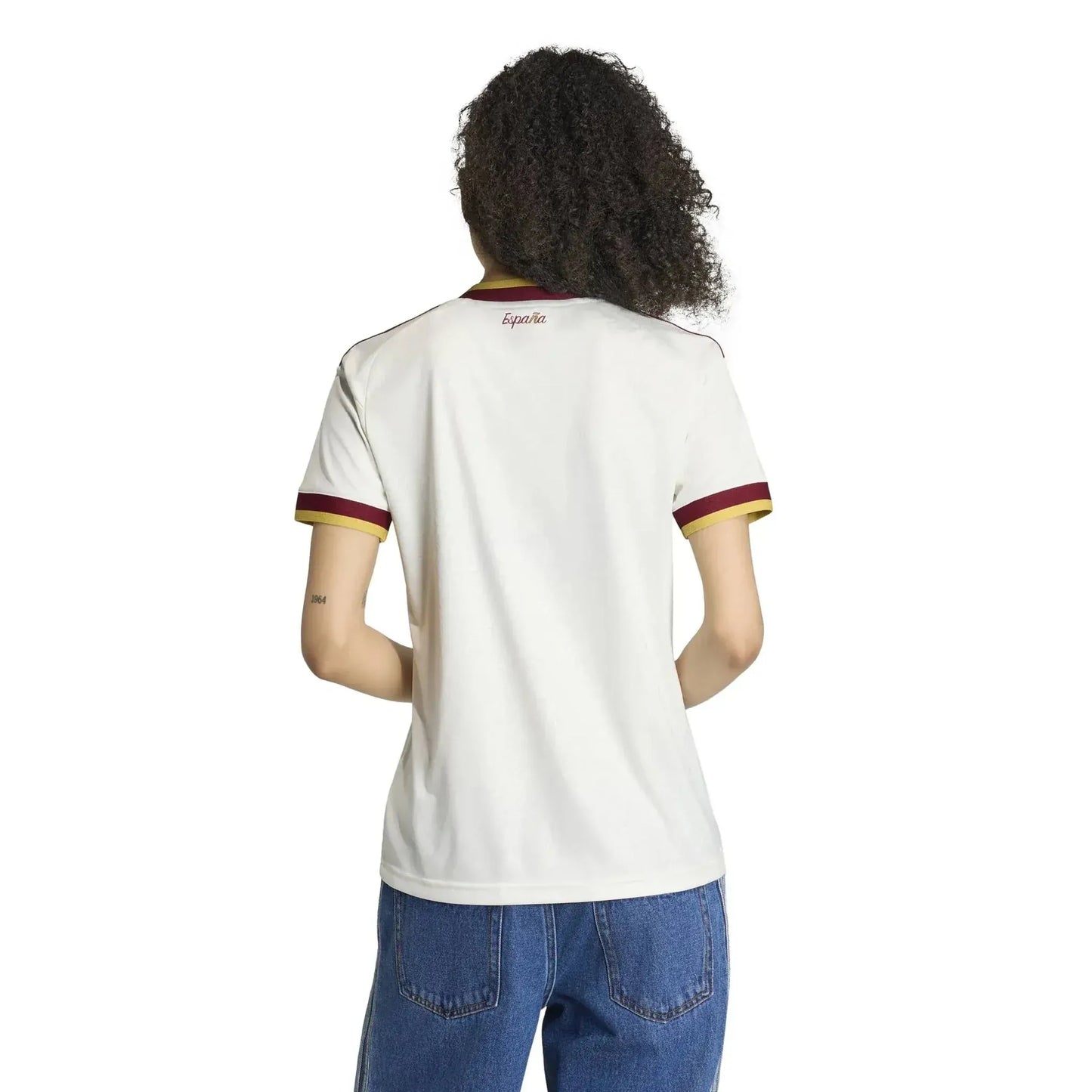 Women wearing a Spain 2026 World Cup Away Stadium Replica Jersey back view