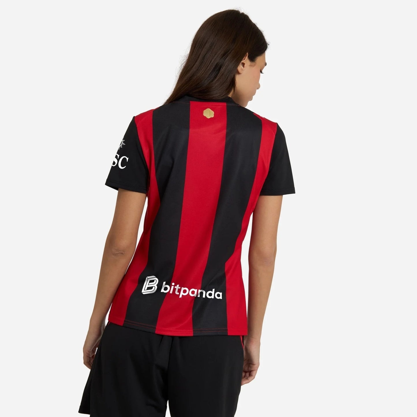 Model wearing AC Milan 2026/27 women's home soccer jersey