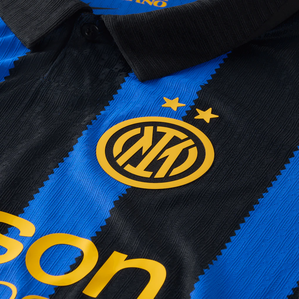 Close-up of embroidered Inter Milan club crest and Nike logo 2026/27 home kit