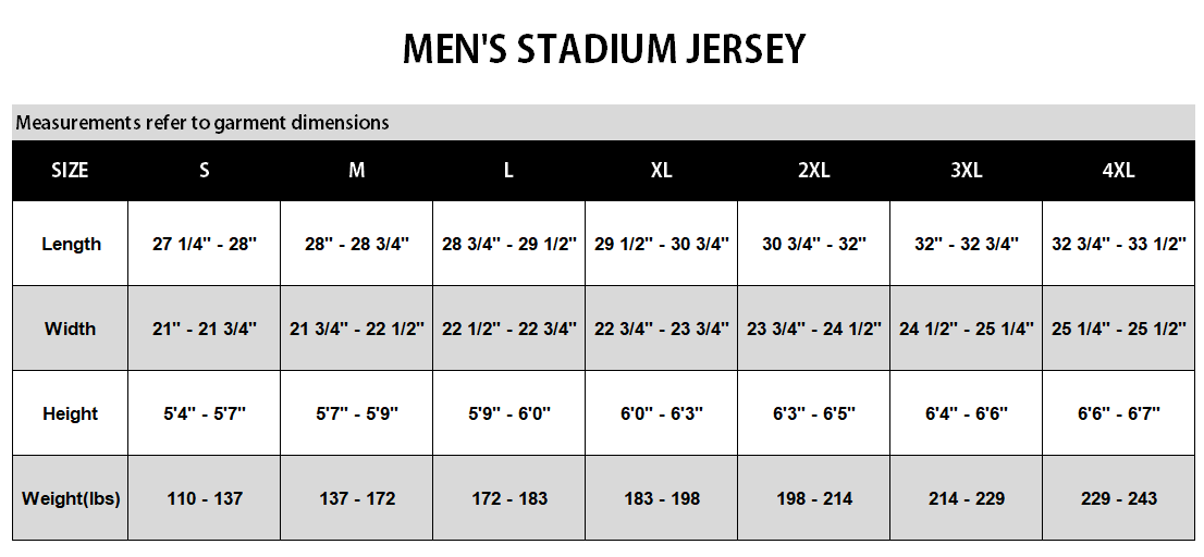 A size chart table for men's stadium jerseys showing measurements in length, width, height, and weight by size from S to 4XL.
