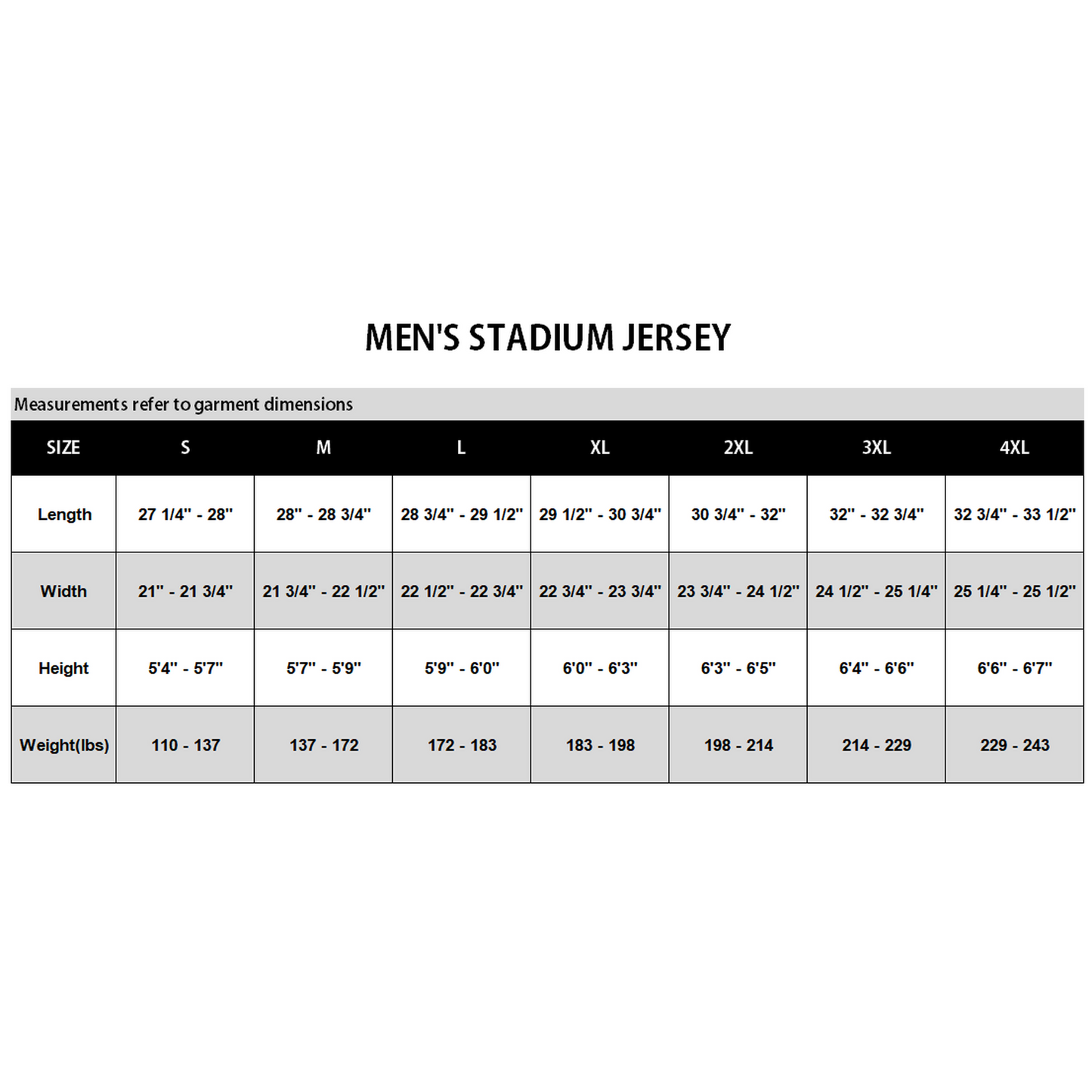 A size chart table for a men's stadium jersey showing measurements in centimeters and pounds by size from S to 4XL, with columns for Length, Width, Height, and Weight.
