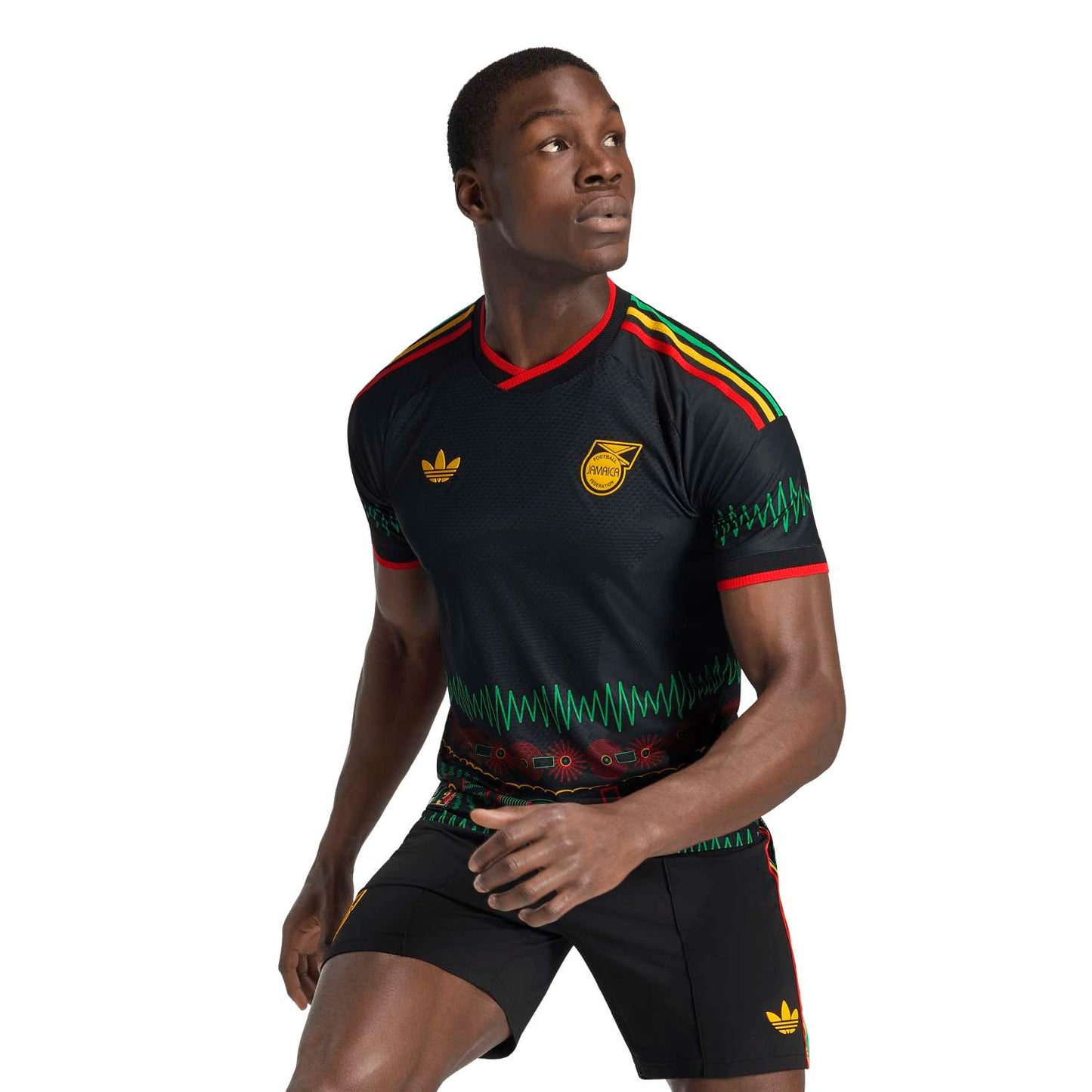 Person wearing a black Jamaica national team 2026 soccer  away jersey 