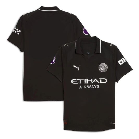 Manchester City 2025/26 away stadium replica jersey front and back combined view with sky blue and maroon design