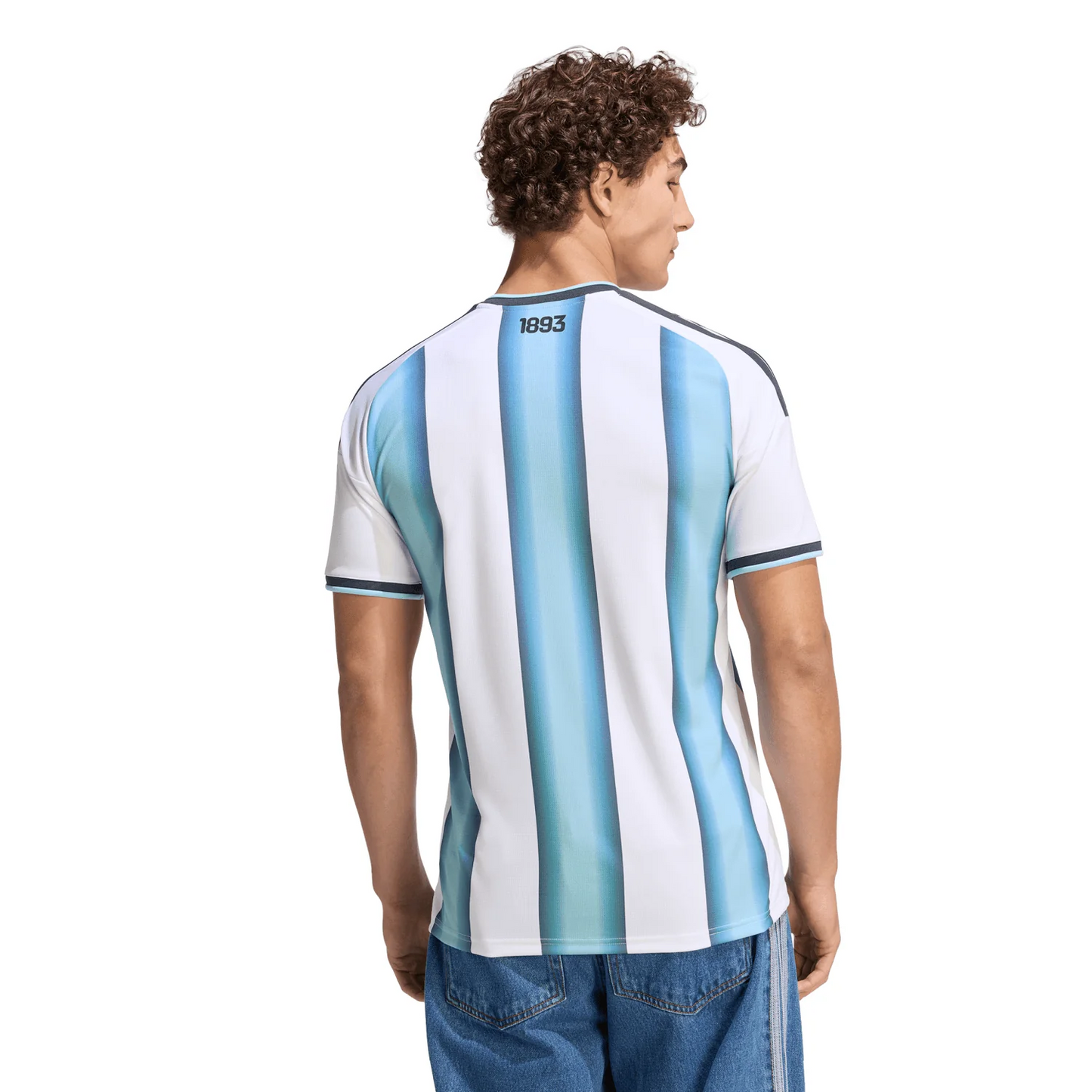 Person wearing a Argentina 2026 world cup national home stadium replica jersey back view