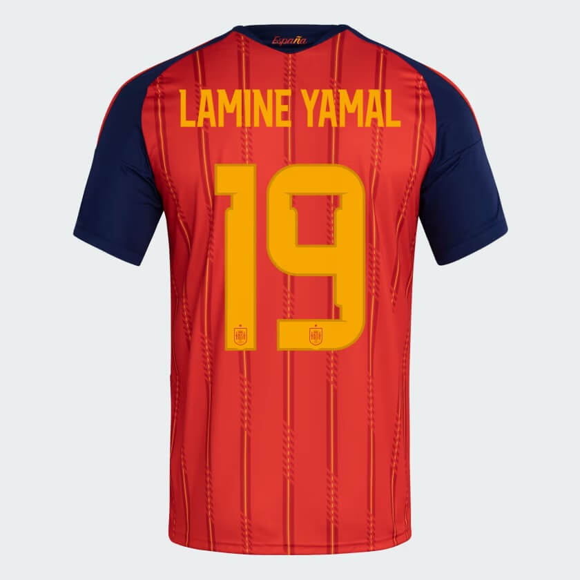 back view of Spain national team home jersey with LAMINE YAMAL #19 custom print