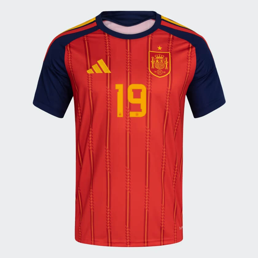 front view of Spain national team home jersey with LAMINE YAMAL #19 custom print