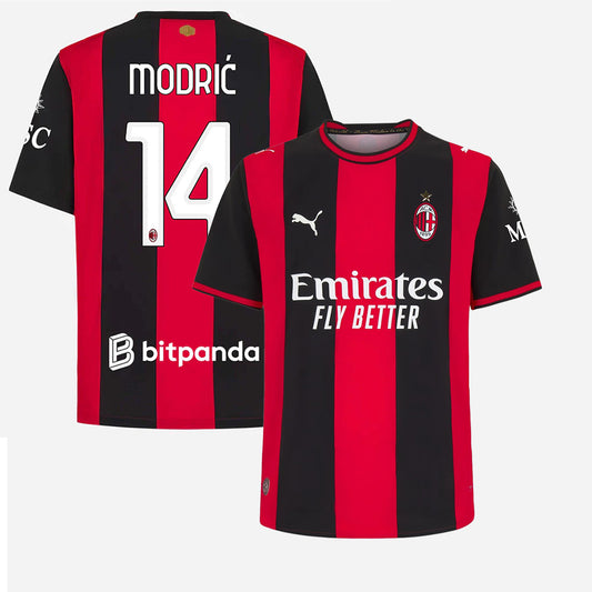 Front and back view of AC Milan 2026-2027 home red replica jersey featuring Luka Modrić by Final Third Kit