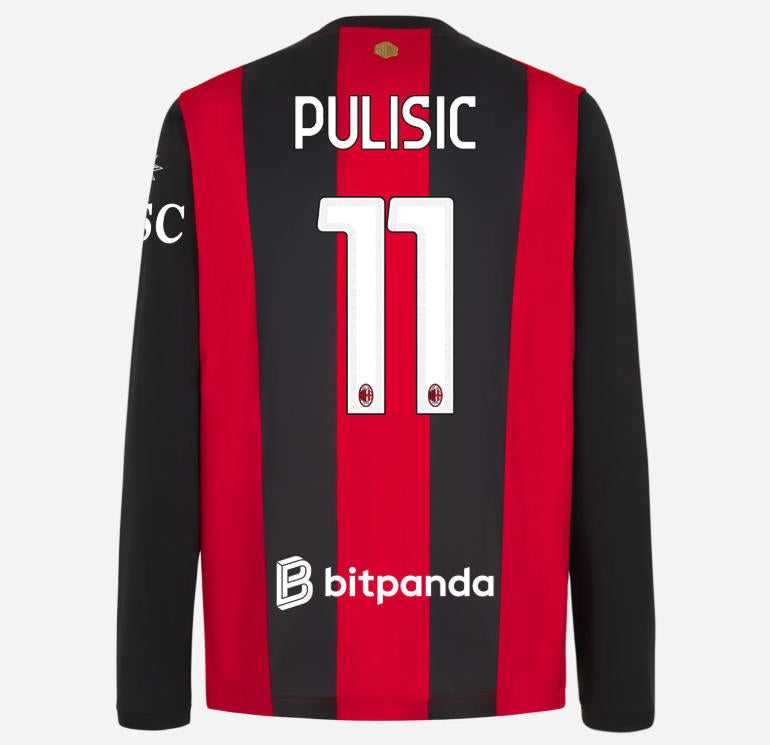 back view of AC Milan 2026/27 long sleeve home jersey with PULISIC #11 custom print