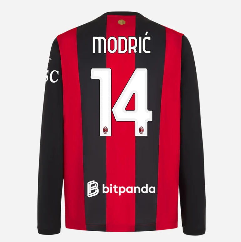 back view of AC Milan 2026/27 long sleeve home jersey with MODRIĆ #14 custom print