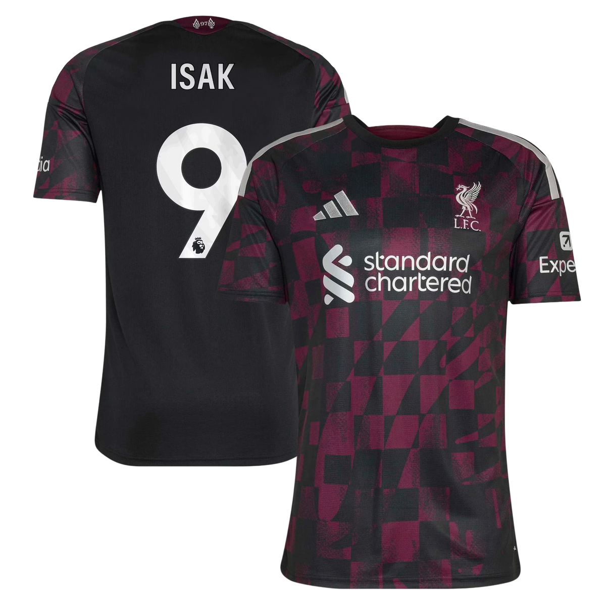 Front and back view of Liverpool 2026-2027 third black replica jersey featuring Alexander Isak by Final Third Kit