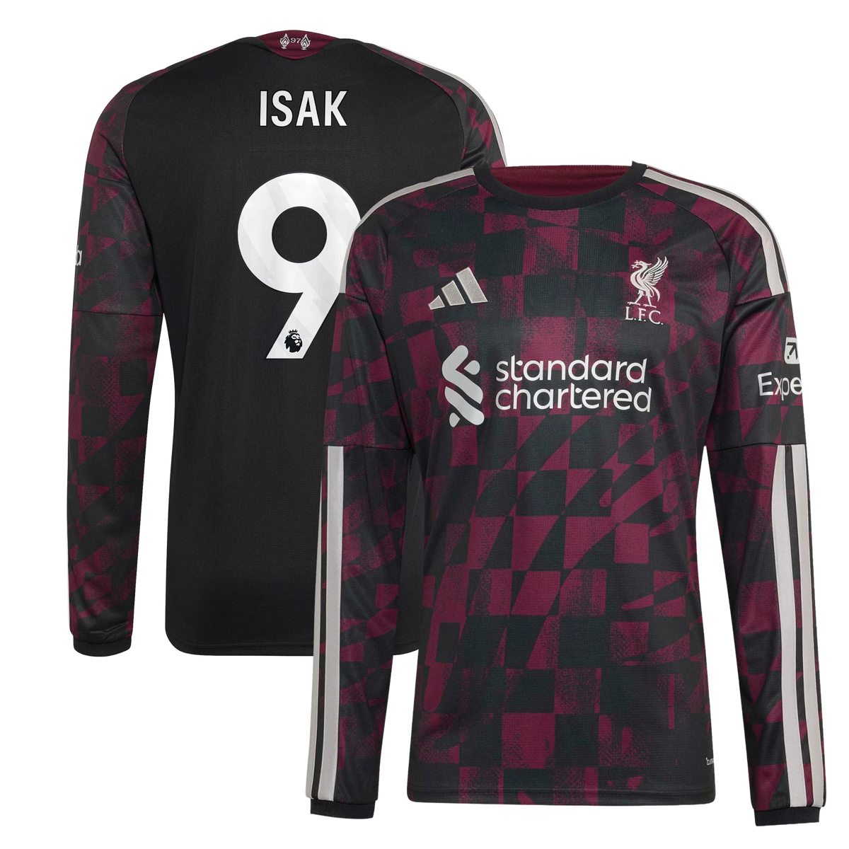 Front and back view of Liverpool 2026-2027 third black replica long sleeve jersey featuring Alexander Isak by Final Third Kit