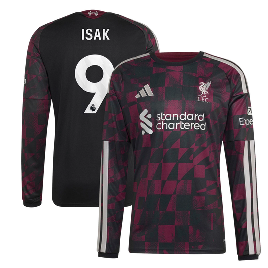 Front and back view of Liverpool 2026-2027 third black replica long sleeve jersey featuring Alexander Isak by Final Third Kit