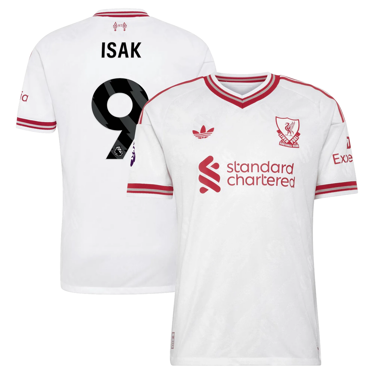 Front and back view of men's Liverpool 2026-2027 away white on-field authentic jersey featuring Alexander Isak by Final Third Kit