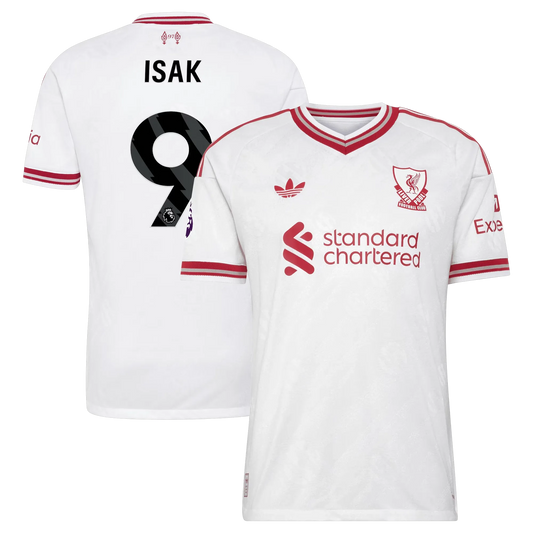 Front and back view of men's Liverpool 2026-2027 away white on-field authentic jersey featuring Alexander Isak by Final Third Kit