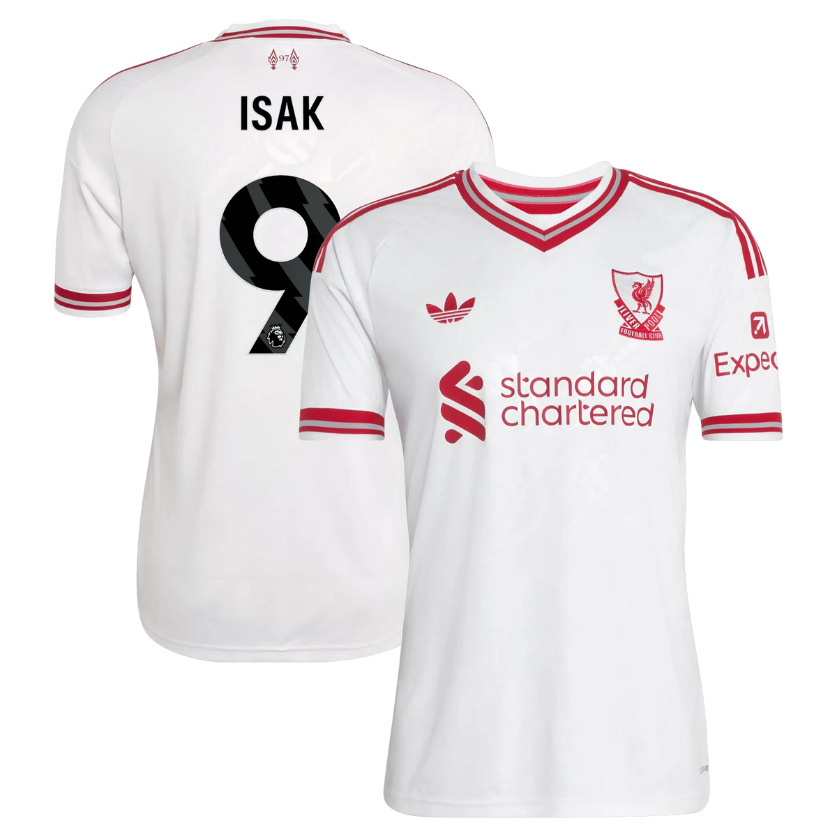 Front and back view of men's Liverpool 2026-2027 away white replica jersey featuring Alexander Isak by Final Third Kit