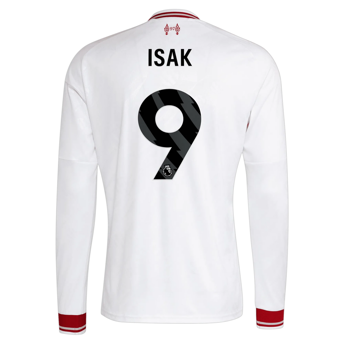 Back view of men's Liverpool 2026-2027 away white replica long sleeve football shirt with Alexander Isak name and number 14 printing by Final Third Kit