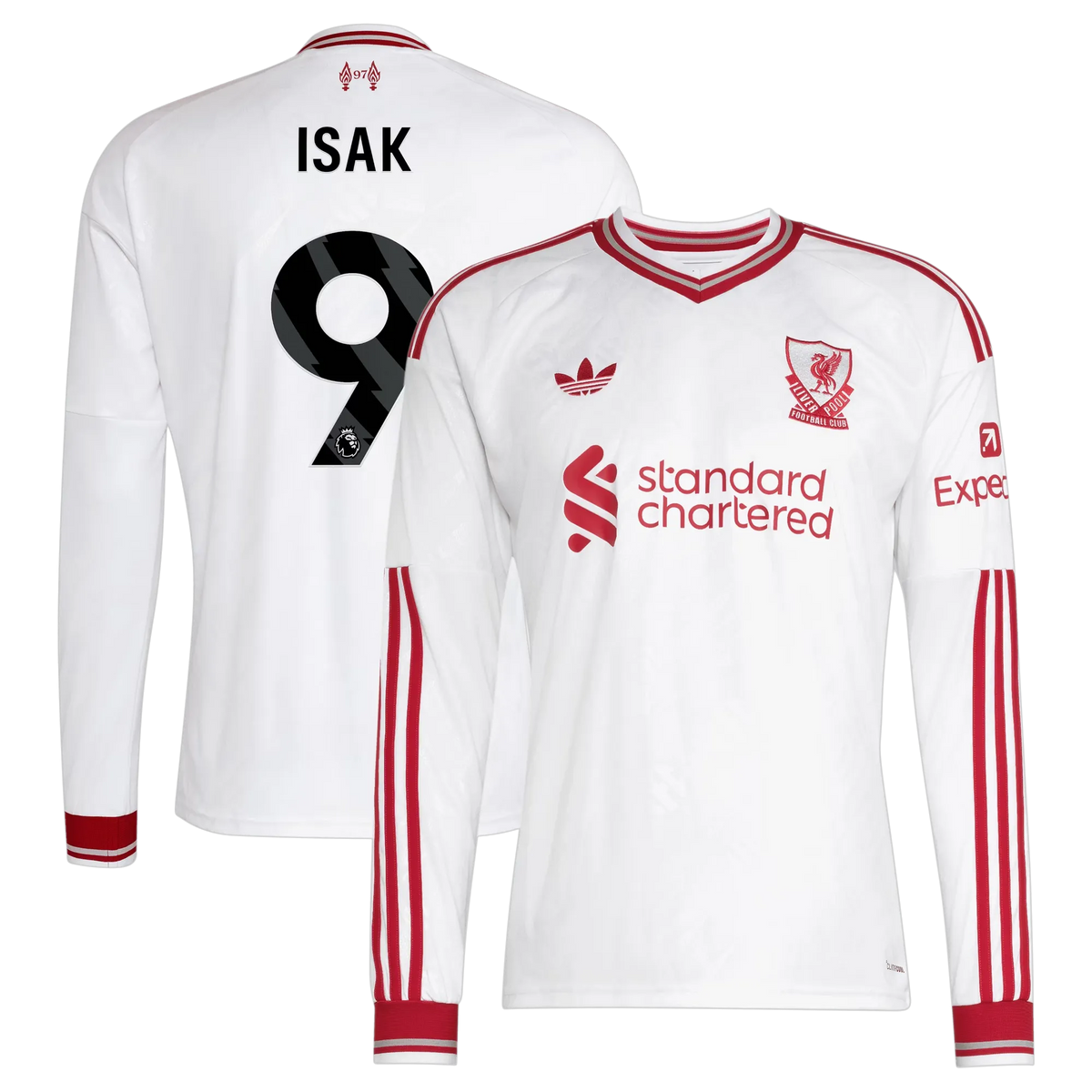 Front and back view of men's Liverpool 2026-2027 away white replica long sleeve jersey featuring Alexander Isak by Final Third Kit