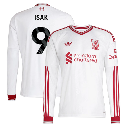 Front and back view of men's Liverpool 2026-2027 away white replica long sleeve jersey featuring Alexander Isak by Final Third Kit