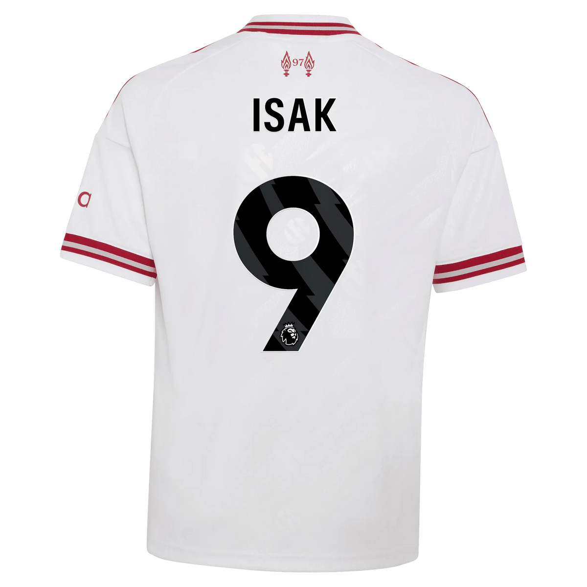 Back view of youth Liverpool 2026-2027 away white replica football shirt with Alexander Isak name and number 14 printing by Final Third Kit