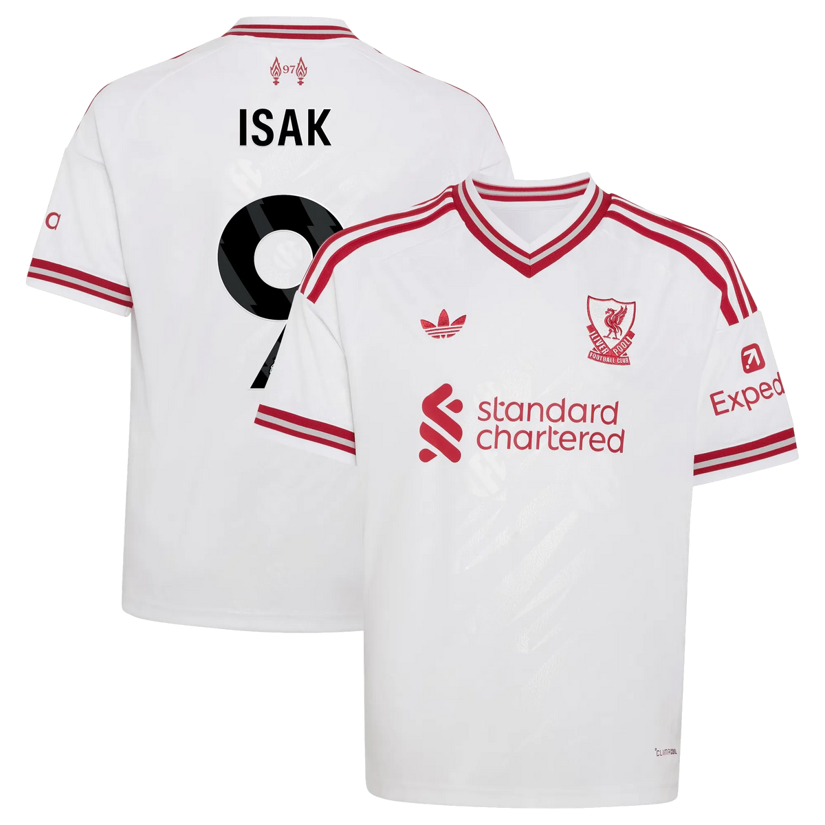 Front and back view of youth Liverpool 2026-2027 away white replica jersey featuring Alexander Isak by Final Third Kit