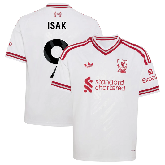 Front and back view of youth Liverpool 2026-2027 away white replica jersey featuring Alexander Isak by Final Third Kit