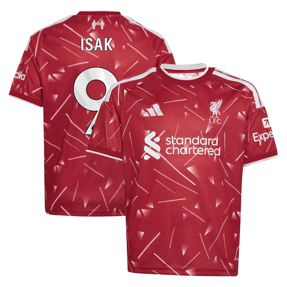 Front and back view of youth Liverpool 2026-2027 home red replica jersey featuring Alexander Isak by Final Third Kit