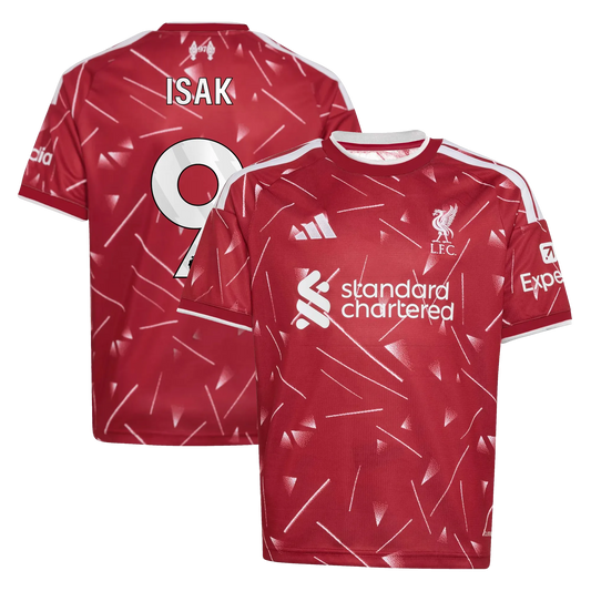 Front and back view of youth Liverpool 2026-2027 home red replica jersey featuring Alexander Isak by Final Third Kit