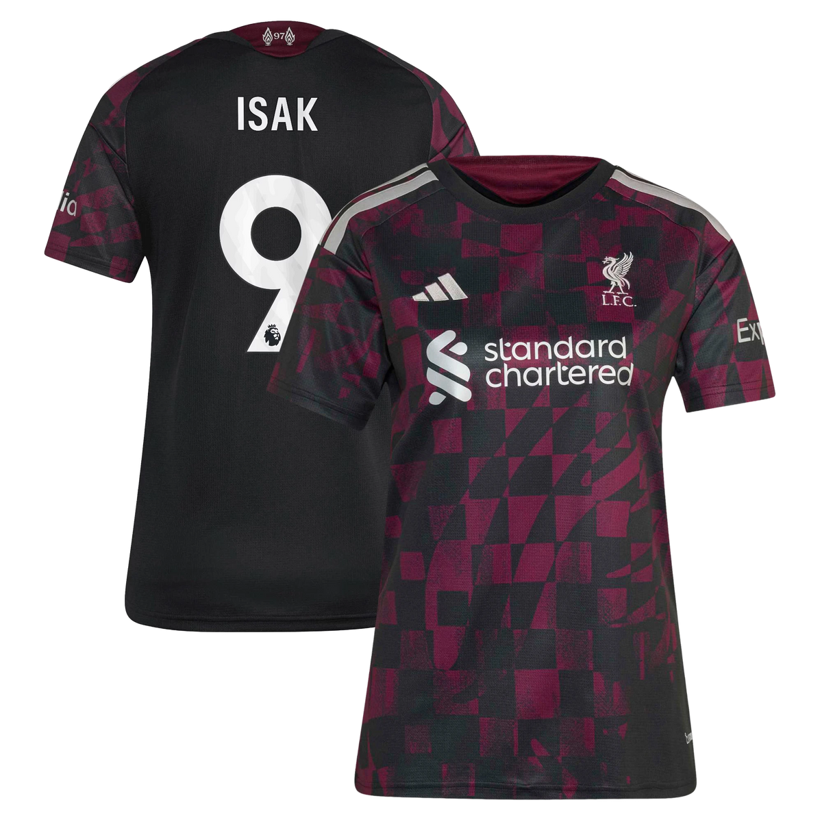 Front and back view of women's Liverpool 2026-2027 third black replica jersey featuring Alexander Isak by Final Third Kit