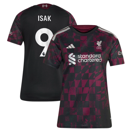 Front and back view of women's Liverpool 2026-2027 third black replica jersey featuring Alexander Isak by Final Third Kit