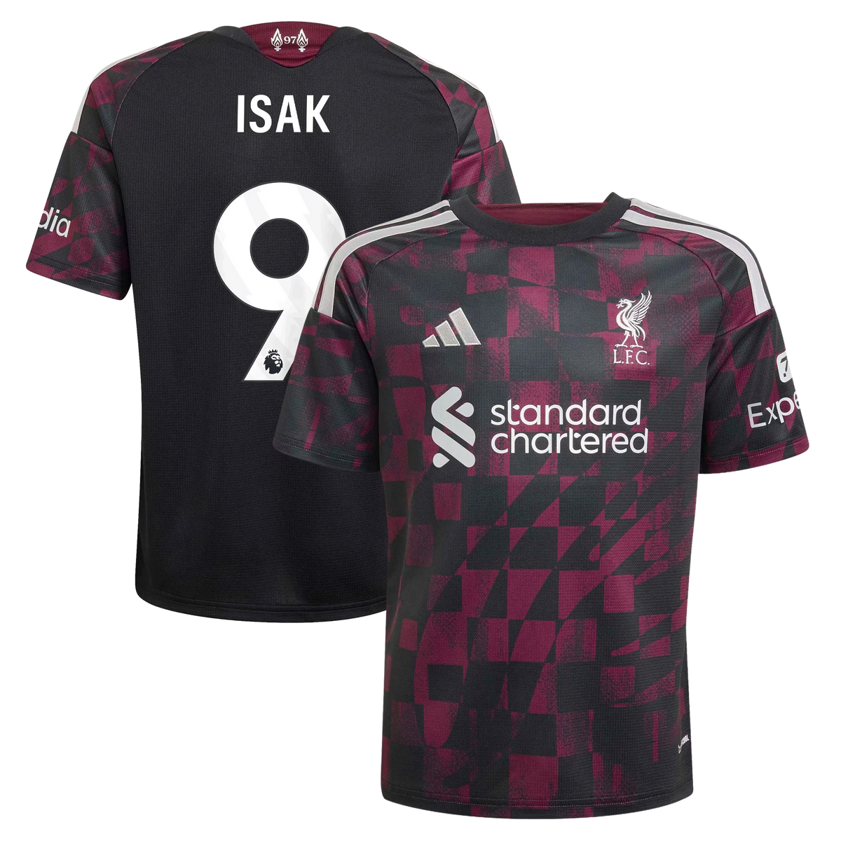 Front and back view of youth Liverpool 2026-2027 third black replica jersey featuring Alexander Isak by Final Third Kit