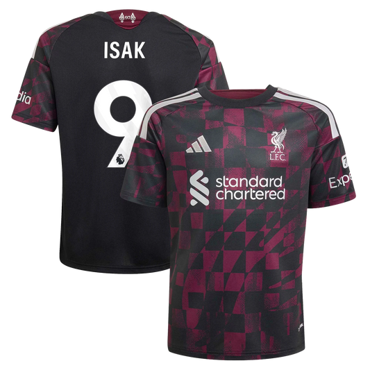Front and back view of youth Liverpool 2026-2027 third black replica jersey featuring Alexander Isak by Final Third Kit