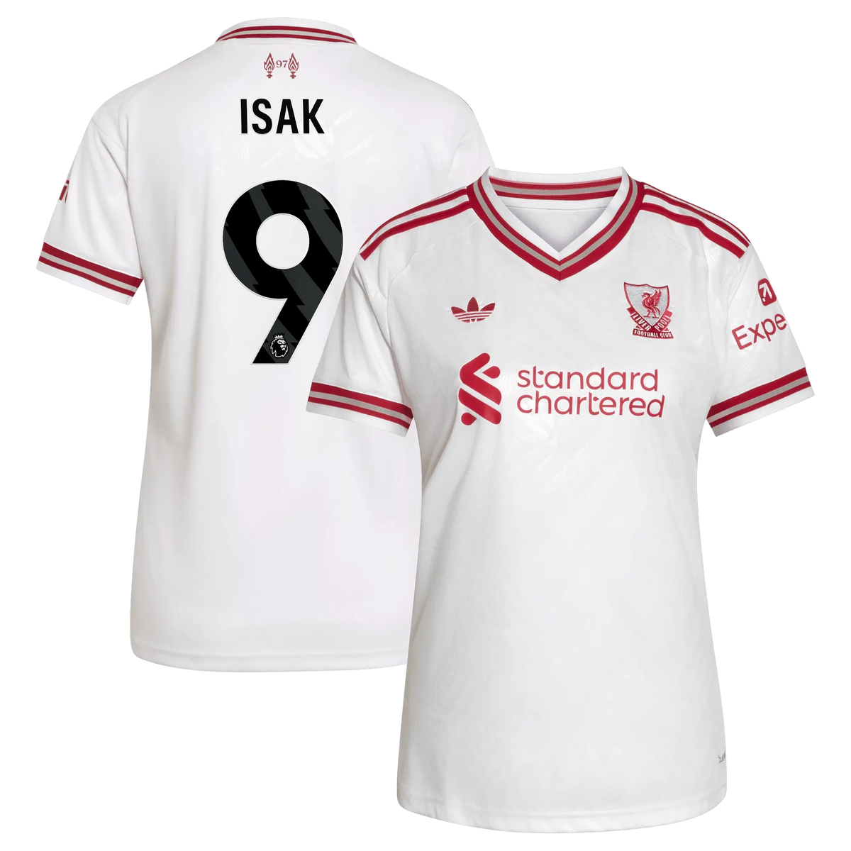 Front and back view of women's Liverpool 2026-2027 away white replica jersey featuring Alexander Isak by Final Third Kit