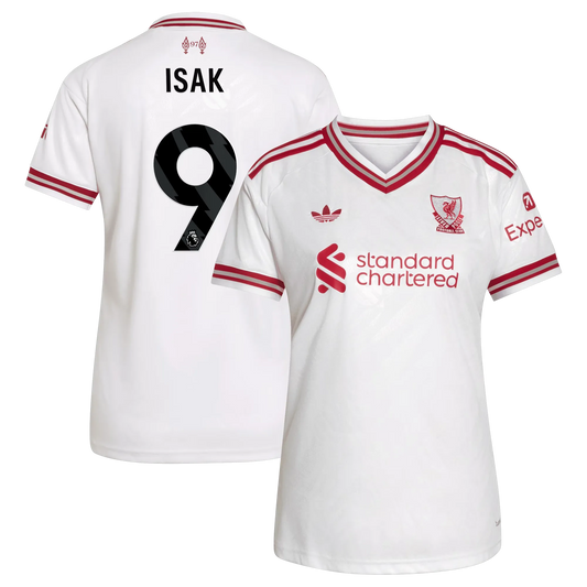 Front and back view of women's Liverpool 2026-2027 away white replica jersey featuring Alexander Isak by Final Third Kit