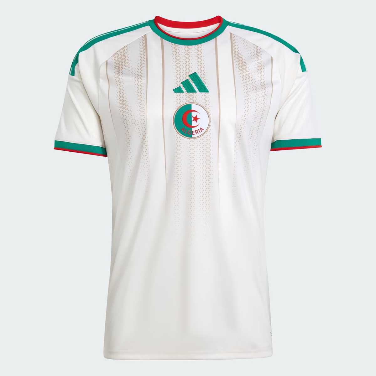 Flat lay of Algeria home replica jersey front with adidas logo and AFF crest, no number visible on front
