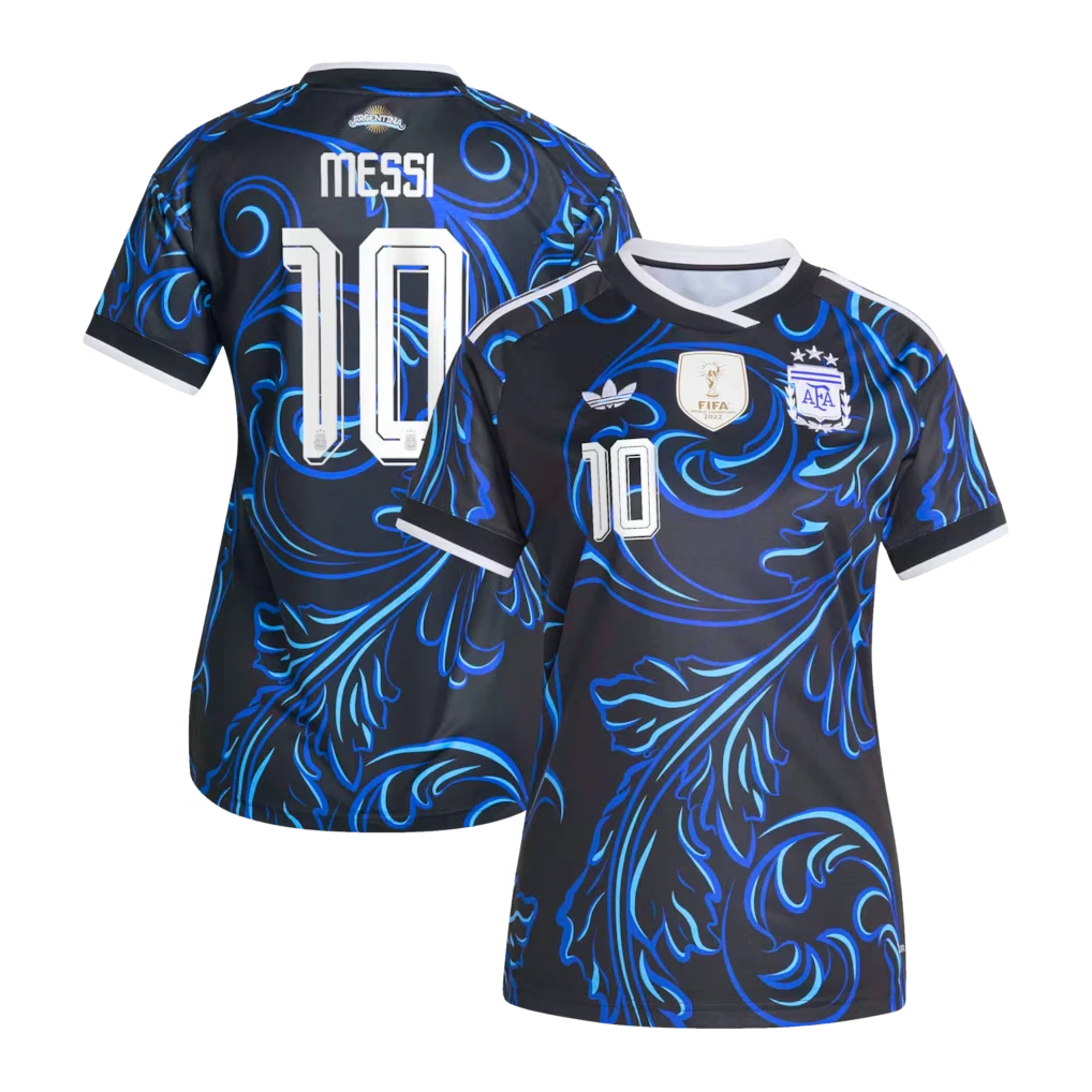 Front and back view of women's Argentina 2026 World Cup away stadium replica jersey featuring Lionel Messi by Final Third Kit