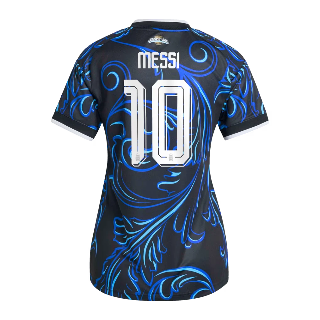 Back view of women's Argentina 2026 World Cup away stadium replica football shirt with Lionel Messi name and number 10 printing by Final Third Kit