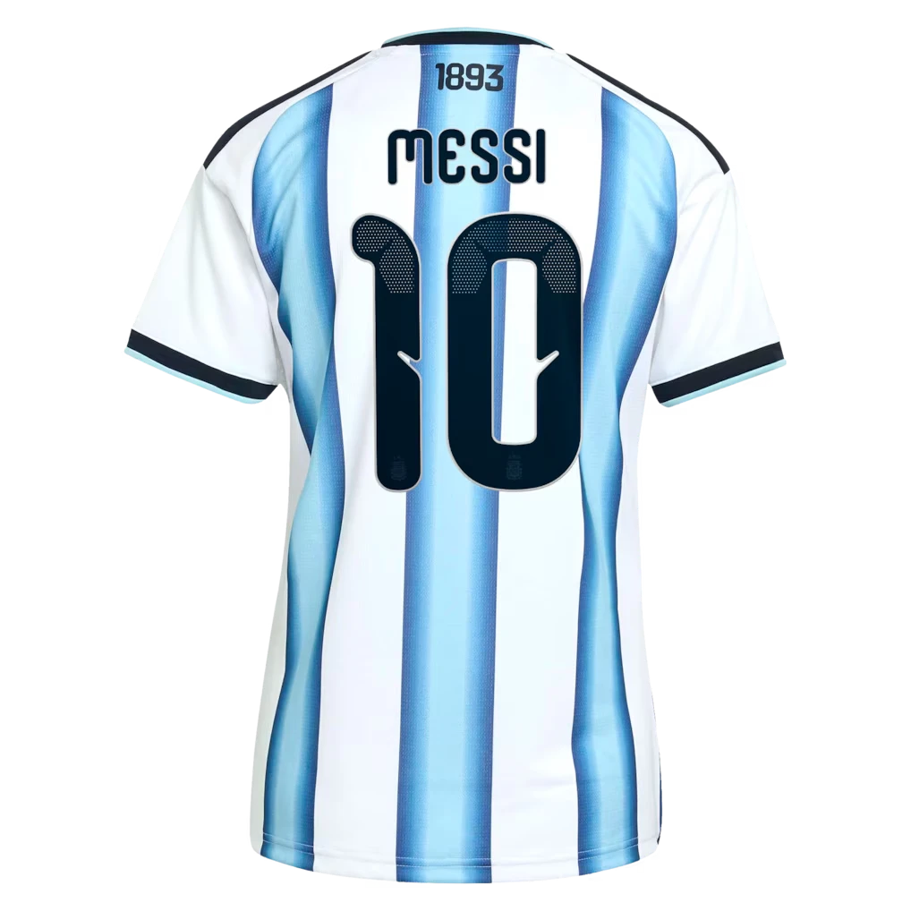 Back view of women's Argentina 2026 World Cup home stadium replica football shirt with Lionel Messi name and number 10 printing by Final Third Kit