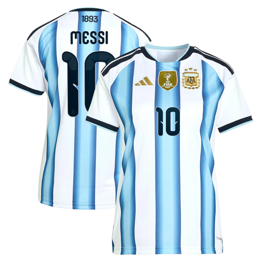 Front and back view of women's Argentina 2026 World Cup home stadium replica jersey featuring Lionel Messi by Final Third Kit