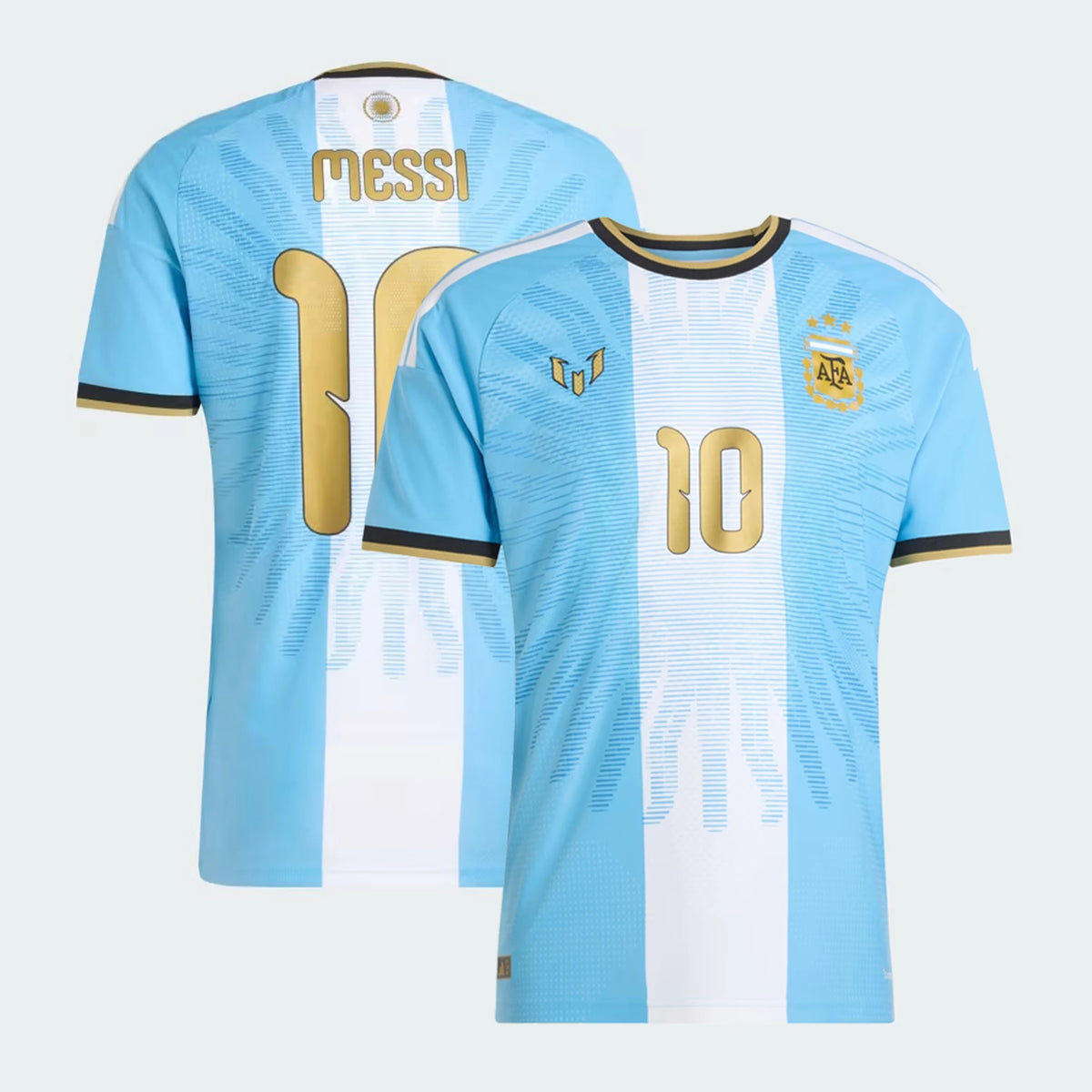 Front and back view of Argentina national team AFA x Messi light blue match authentic jersey featuring Lionel Messi by Final Third Kit