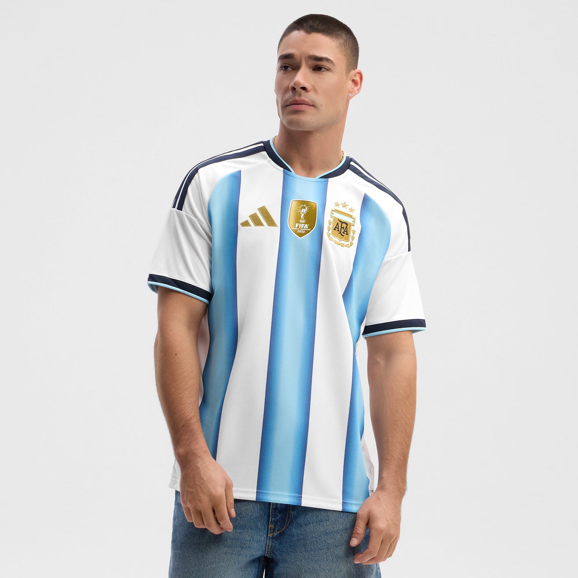 men wearing Men's Argentina 2026 World Cup Home Stadium Replica Jersey