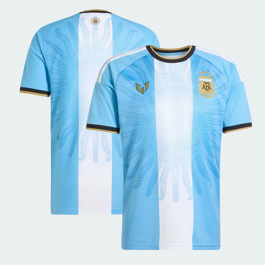 Front and back view of Argentina national team AFA x Messi light blue replica jersey featuring Lionel Messi by Final Third Kit