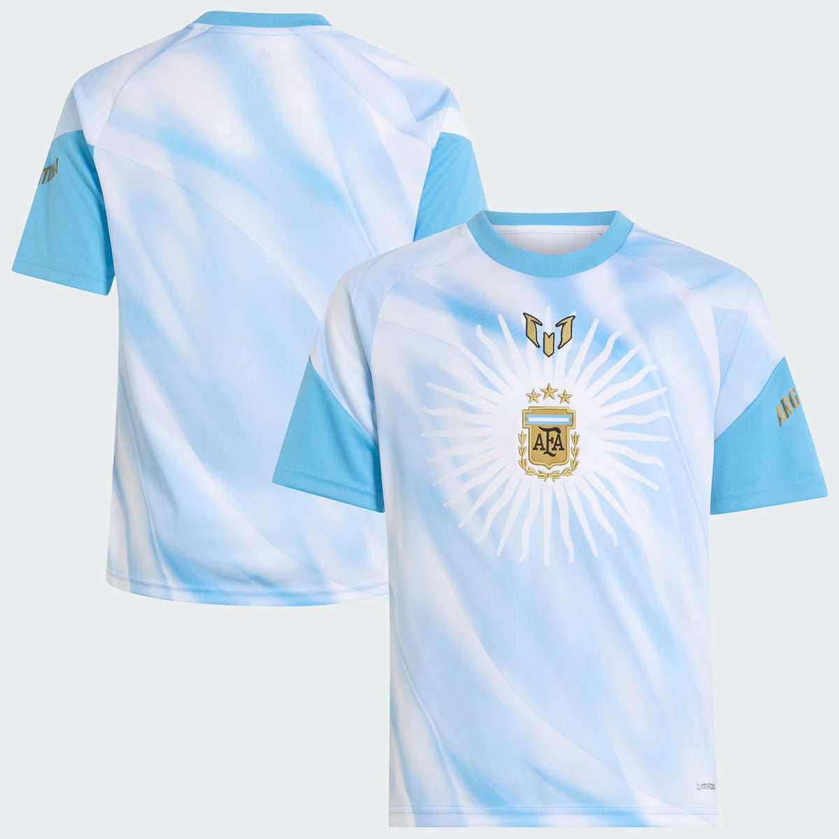 Front and back view of youth Argentina national team AFA x Messi white pre-match top by Final Third Kit