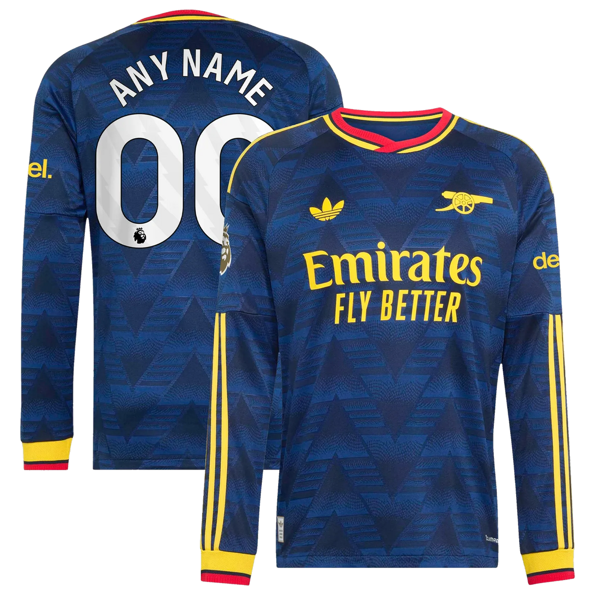 Front and back view of Arsenal 2026-2027 away navy replica long sleeve custom jersey by Final Third Kit